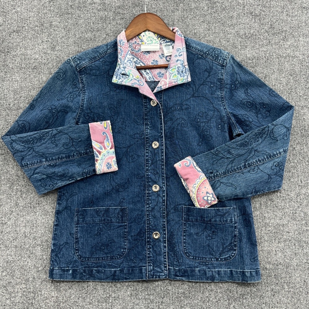 Alfred Dunner Floral Denim Jacket Womens 6P Blue Embroidered Paisley Cottage